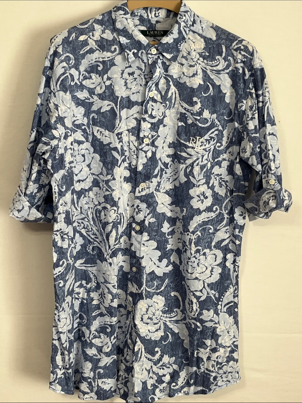 Ralph Lauren Cover Up Blue Floral 3/4 roll up Sleeve Tunic Breezy Button Up - Picture 7 of 11